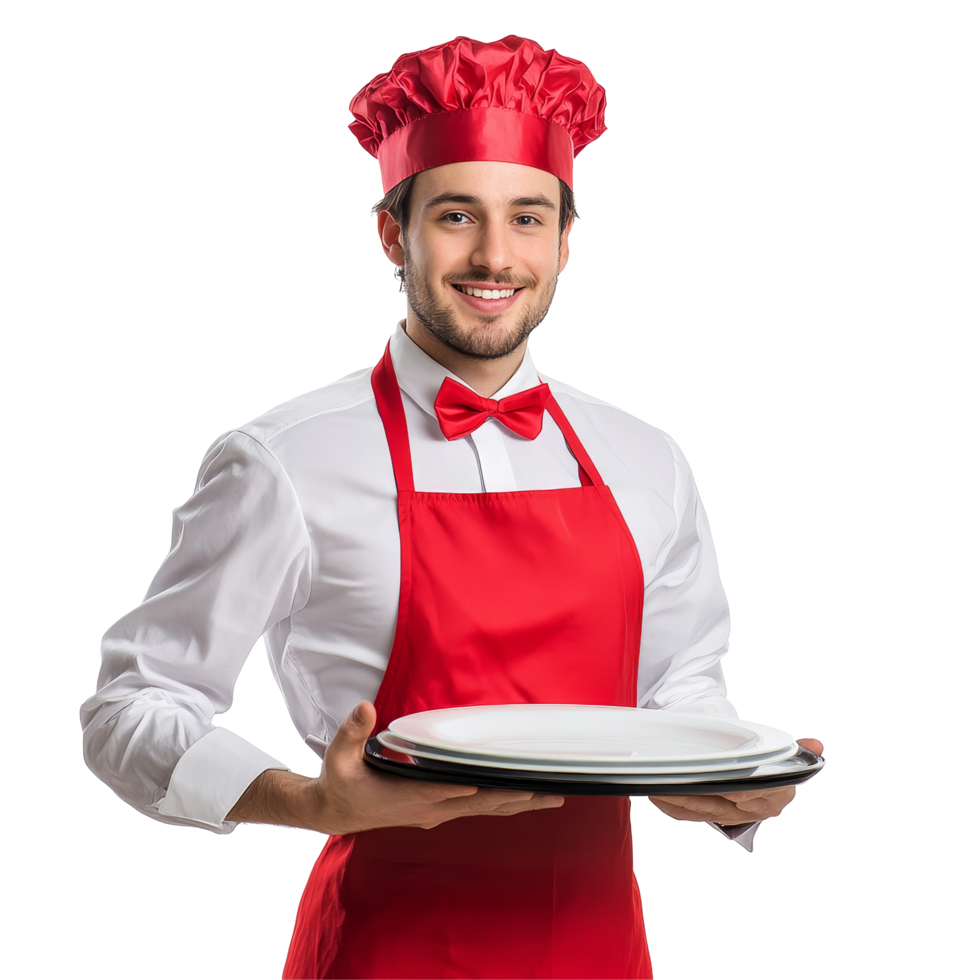 Festive waiter in red attire holding plates, ready to serve, against a clean transparent backdrop for holiday celebrations, Festive Waiter Ready to Serve On transparent background png