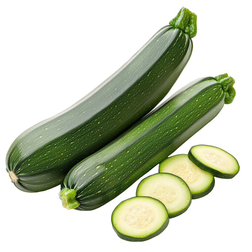 Fresh green zucchini with sliced segments displayed isolated on a clean transparent background for culinary uses, fresh green zucchini with slice isolated on transparent background png