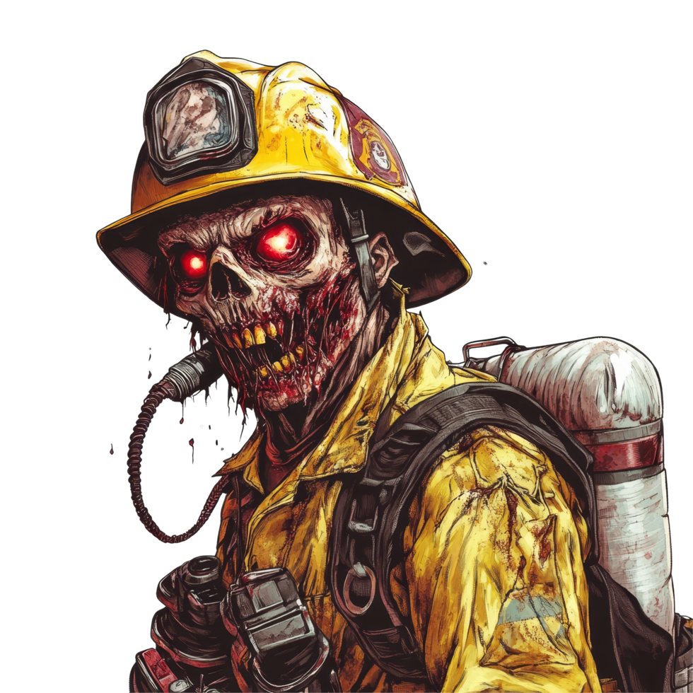 A firefighter zombie stands in a striking pose with menacing eyes against a stark transparent background, Firefighter zombie on transparent background png
