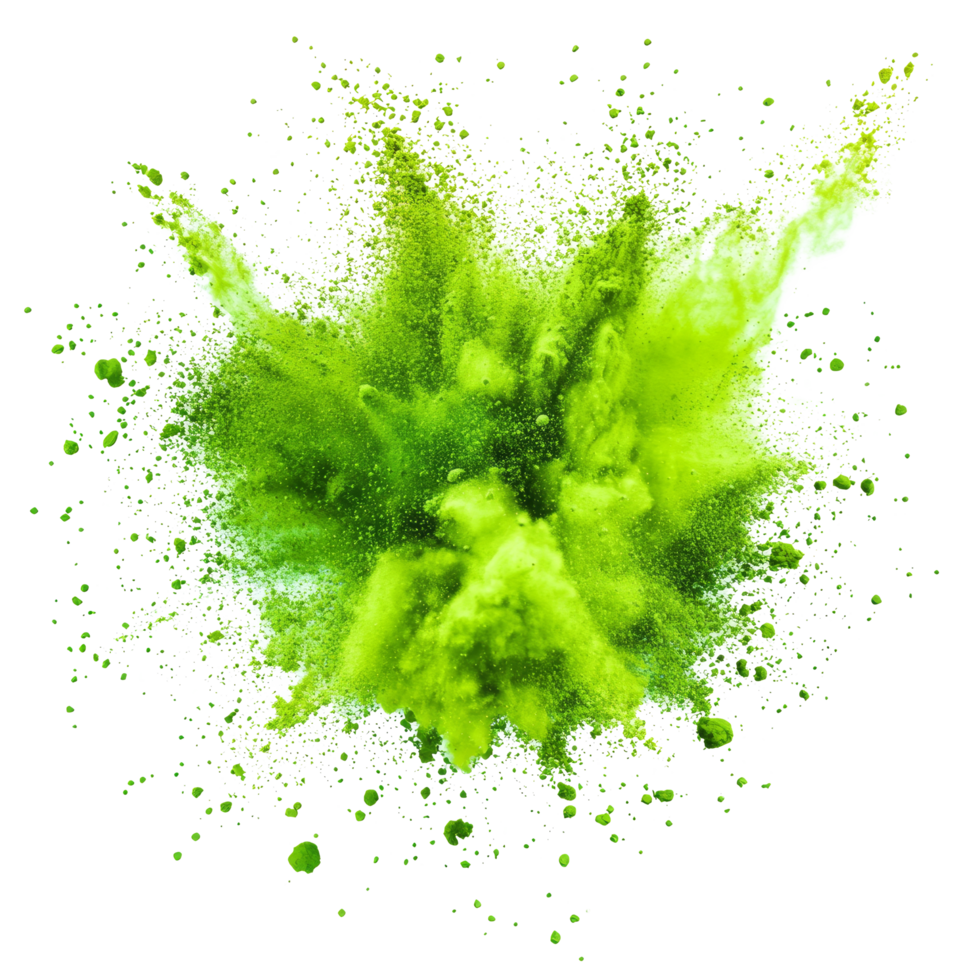 A vibrant green Holi paint splash creates a colorful explosion of color powder in midair during the festive celebration, Green Holi Paint Splash with Color Powder Explosion on transparent background png
