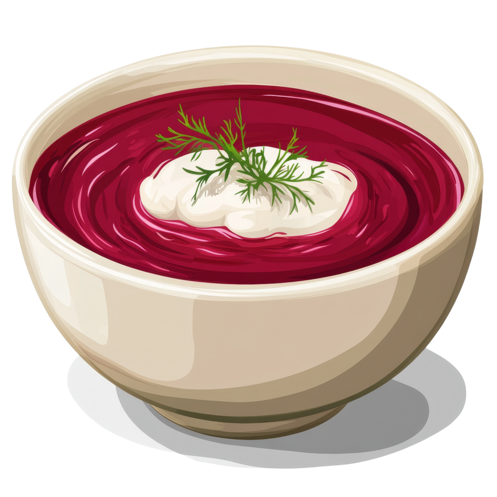 A vibrant bowl of beet borscht soup garnished with sour cream and fresh dill ready to be enjoyed at a cozy meal, Isolated bowl of beet borscht soup png