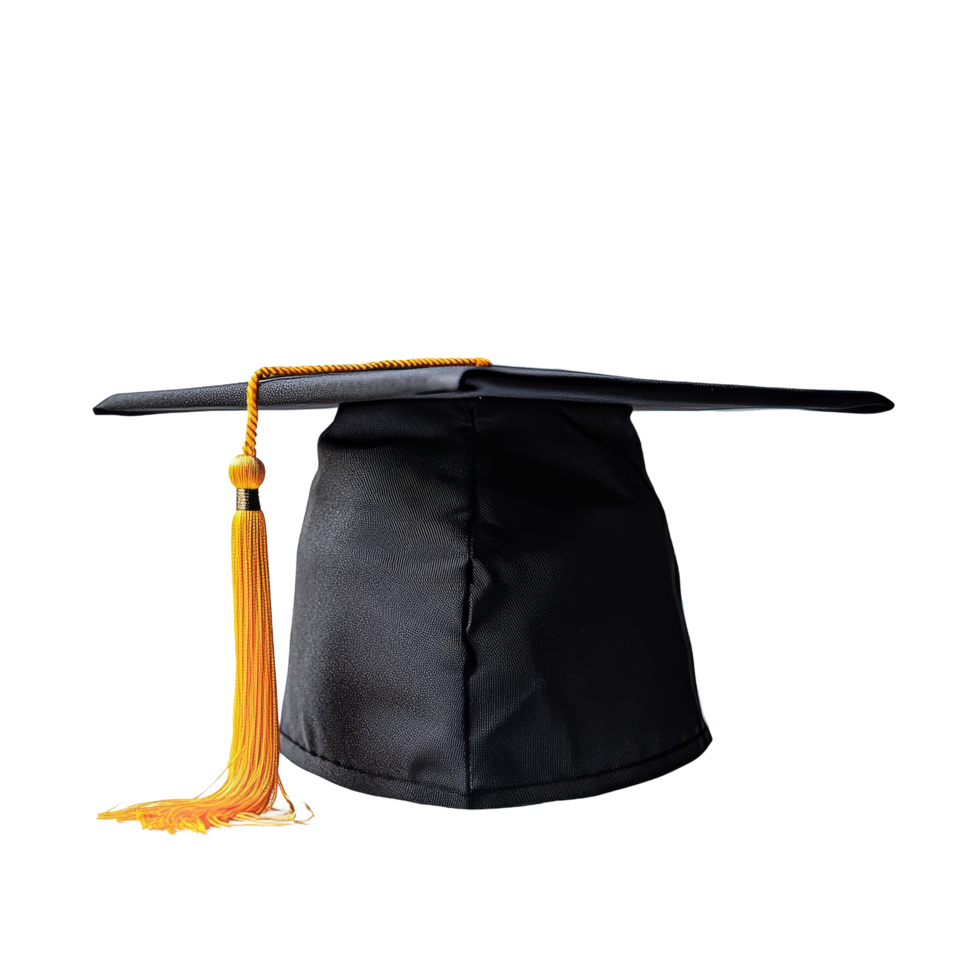 Graduation cap with gold tassel displayed against a clean transparent background symbolizing academic achievement and success, graduation cap on transparent background png