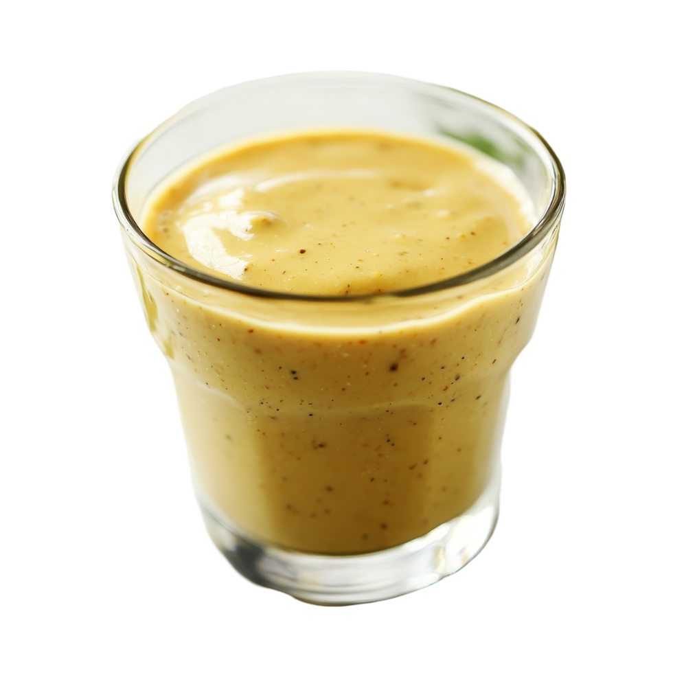 Delicious honey mustard sauce in a glass against a clean transparent background with green garnish, Honey mustard sauce in a glass on a transparent background png