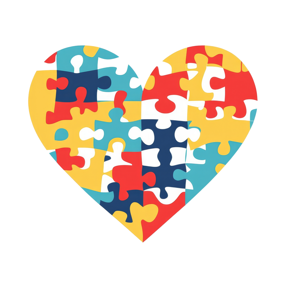 Colorful puzzle heart symbolizing autism awareness and support for those with autism spectrum disorder, multi colored puzzle piece heart shape autism symbol flat transparent background png
