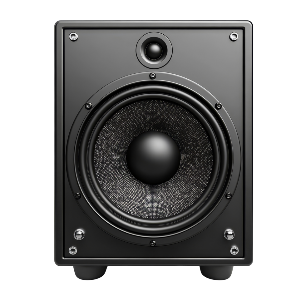 Black audio loudspeaker isolated on a transparent background, suitable for home or studio use, black audio loudspeaker isolated on transparent background png