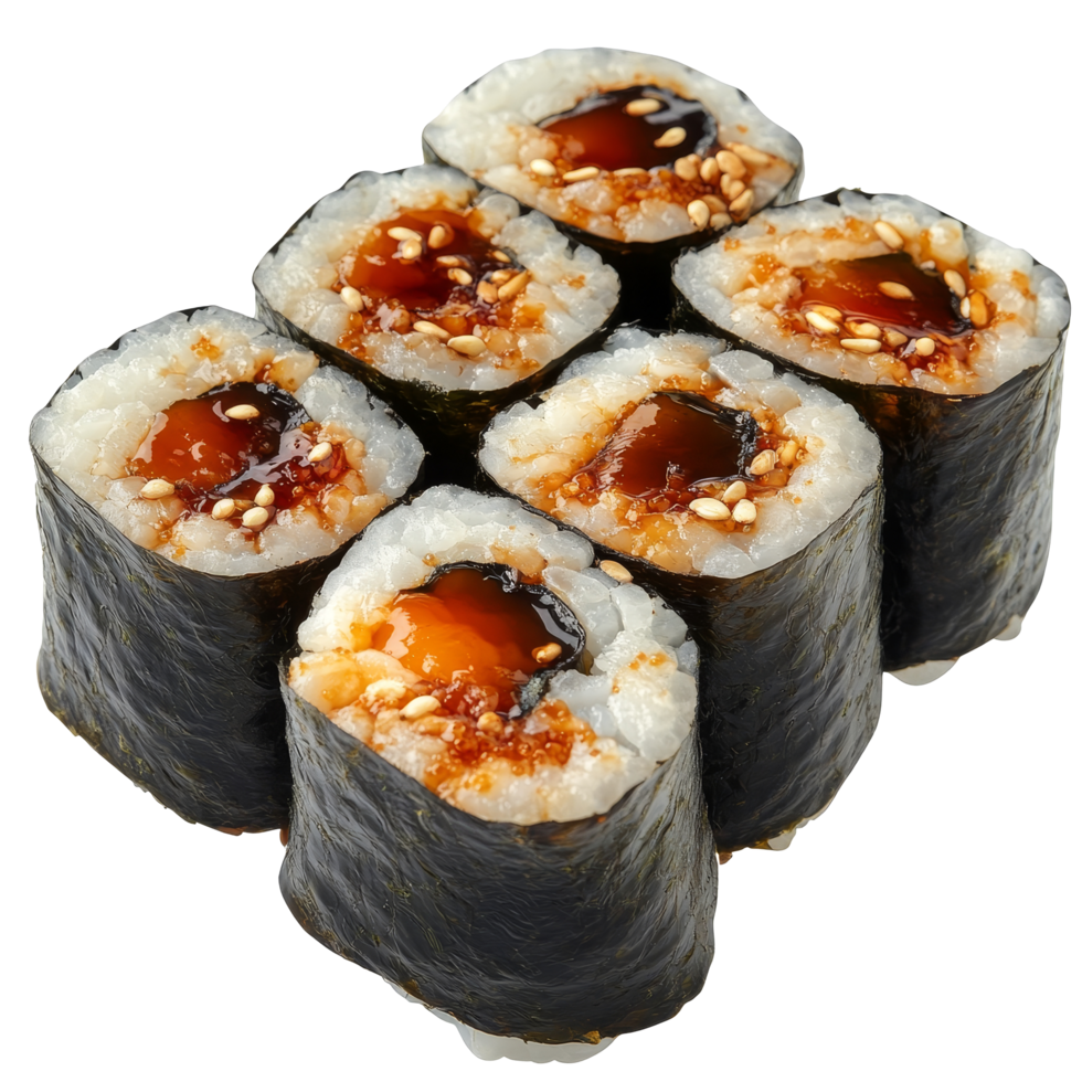 Delicious unagi maki sushi rolls ready to enjoy with rich flavors and fresh ingredients, Isolated uncut unagi maki sushi rolls png