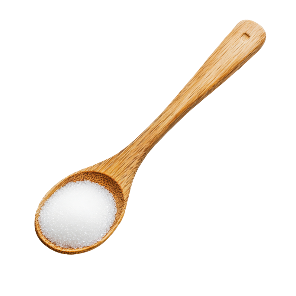 Wooden spoon filled with transparent sugar resting on a clean transparent background in a minimalist kitchen setting, transparent sugar in wooden spoon on transparent background png
