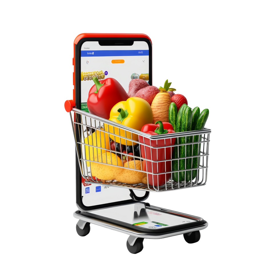 An online grocery shopping app showcasing a mobile device with a shopping cart filled with fresh produce, file no background Online grocery shopping app on smartphone png