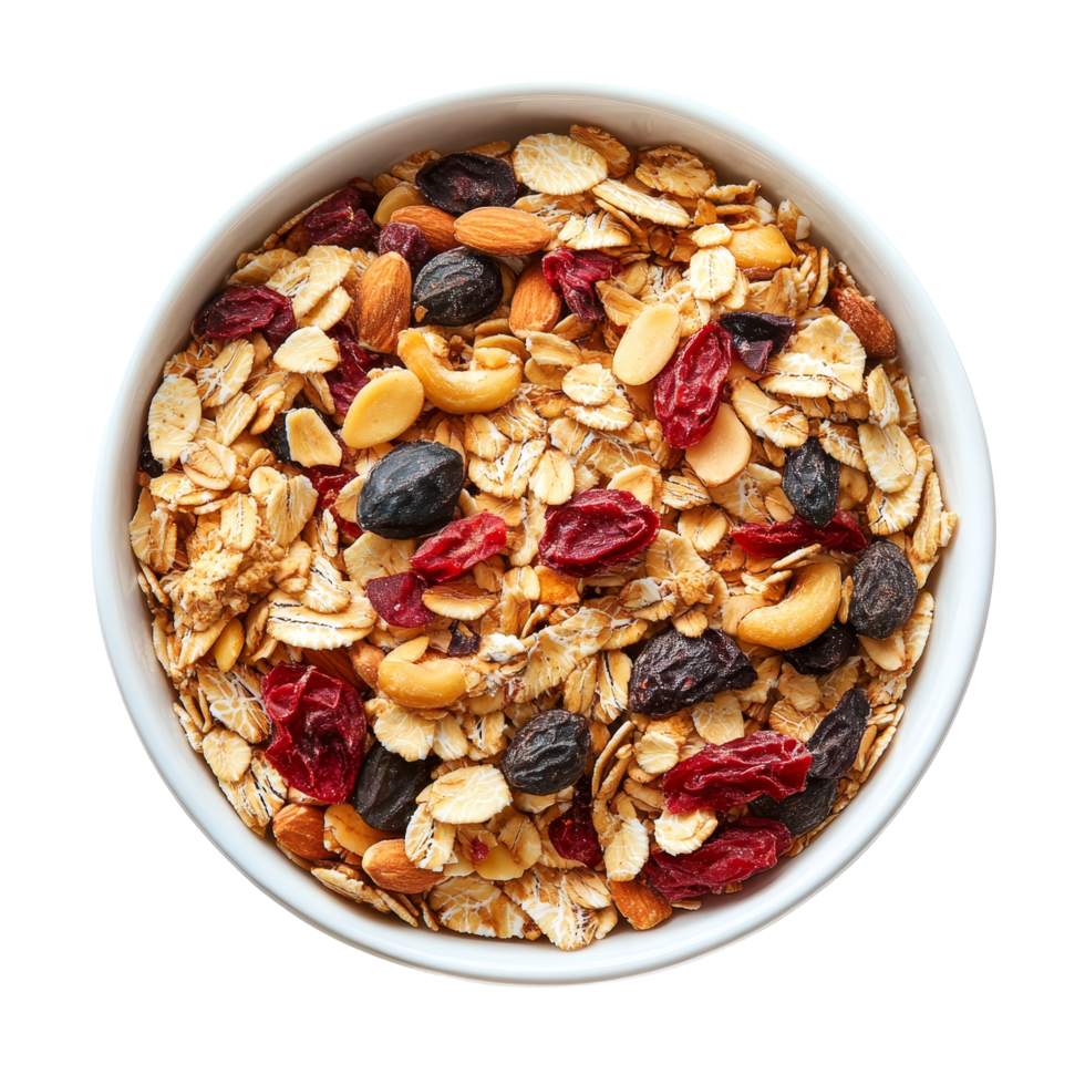 A healthy bowl of muesli with nuts and dried fruits on a clean transparent background ready for breakfast or snack time, muesli in bowl on transparent background png