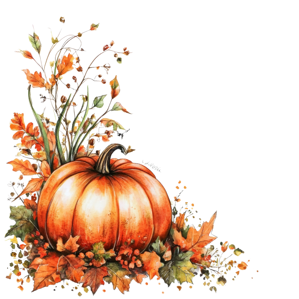 Autumn pumpkin adorned with colorful leaves set against a clean transparent background, Autumn pumpkin with leaves transparent background png