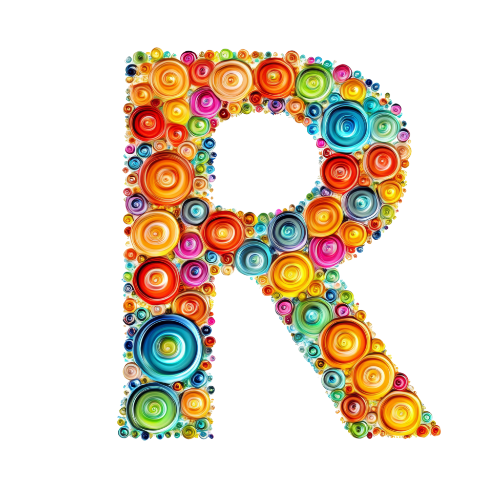 Colorful artistic representation of the letter R designed with vibrant spirals and beads on a transparent background, consonant letter r is used to make words on transparent backgroundfile png
