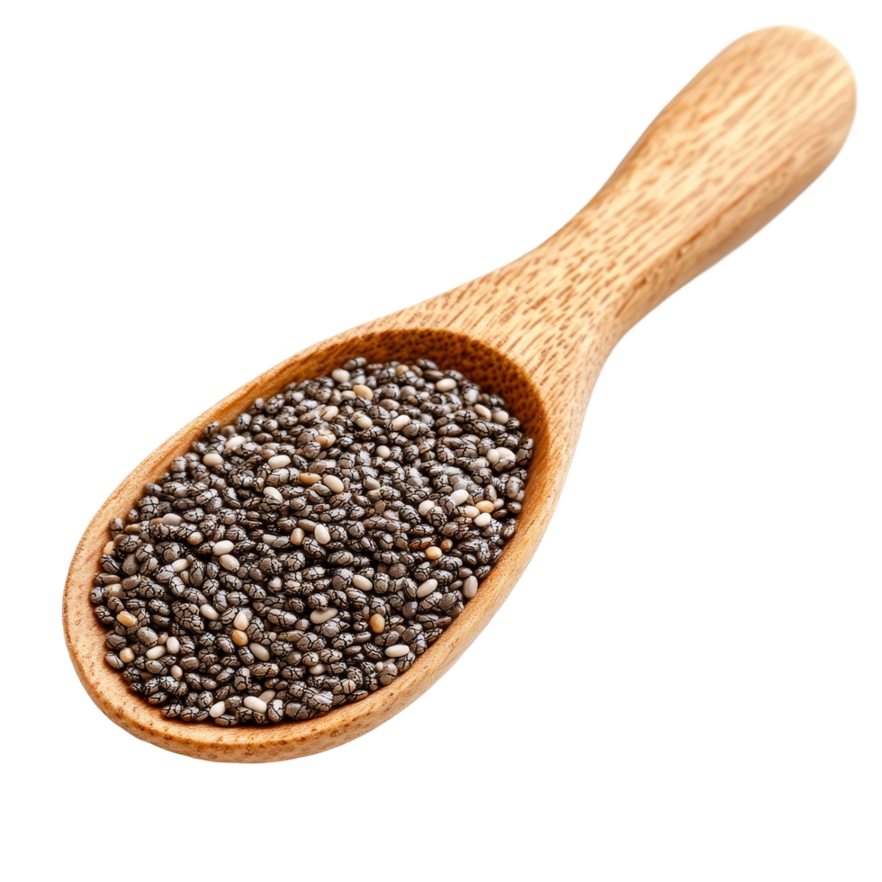 Chia seeds in a wooden spoon isolated on a transparent background ready for healthy cooking and nutritional benefits, Chia seeds in wood spoon isolated on transparent background png