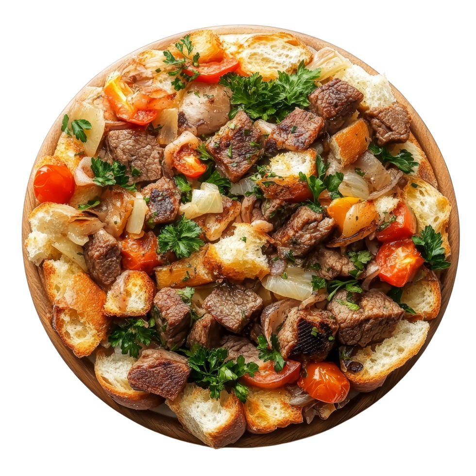 Hearty beef and vegetable dish served on toasted bread in a rustic wooden platter, dish made of bread, beef, and vegetables top view isolated on transparent background png
