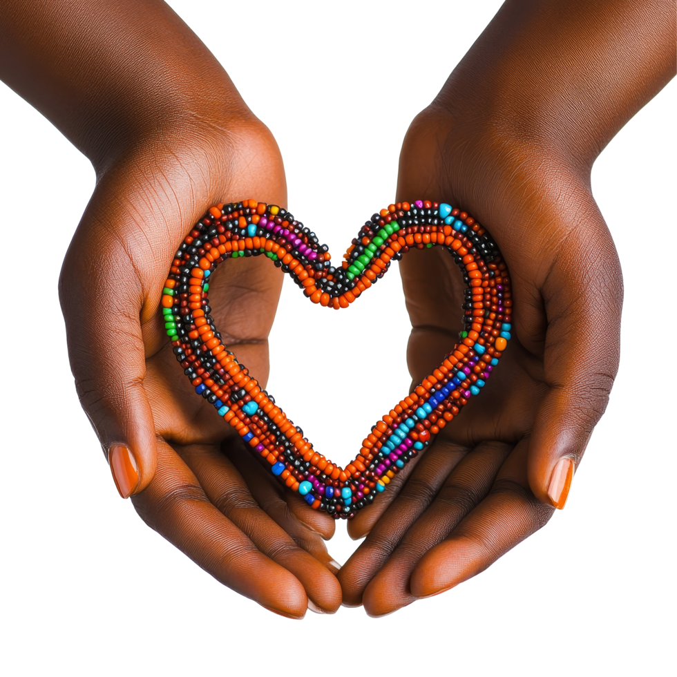 Hands adorned with a vibrant beaded bracelet create a heart shape symbolizing love and unity, African Hands with Beaded Bracelet Forming Heart Shape on transparent background png