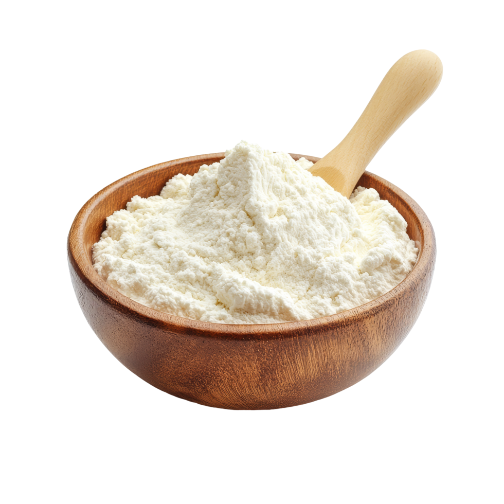 Whey protein powder in a wooden bowl photographed against a clean transparent background, whey protein in a wood bowl on transparent background png