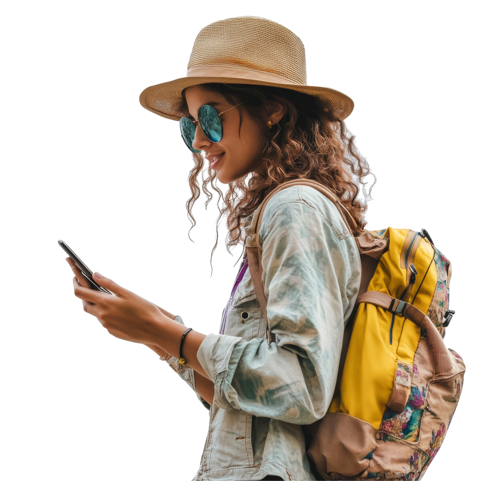 Young woman exploring a new destination with a smartphone and backpack under bright sunlight, file no background Young woman traveling and using a smartphone png