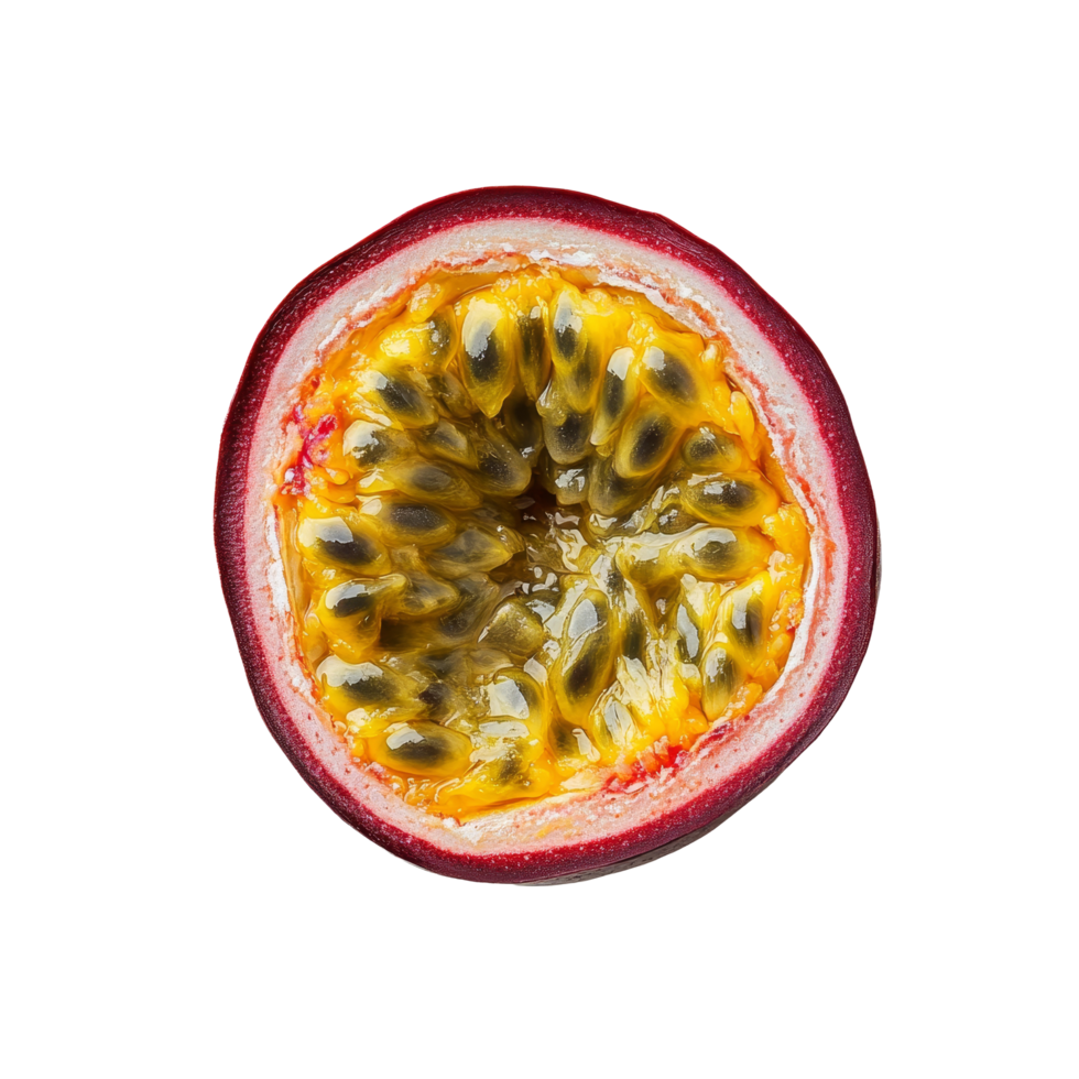 Half passion fruit with vibrant yellow pulp and seeds shown against a simple transparent background for healthy eating, half passion fruit on transparent background png