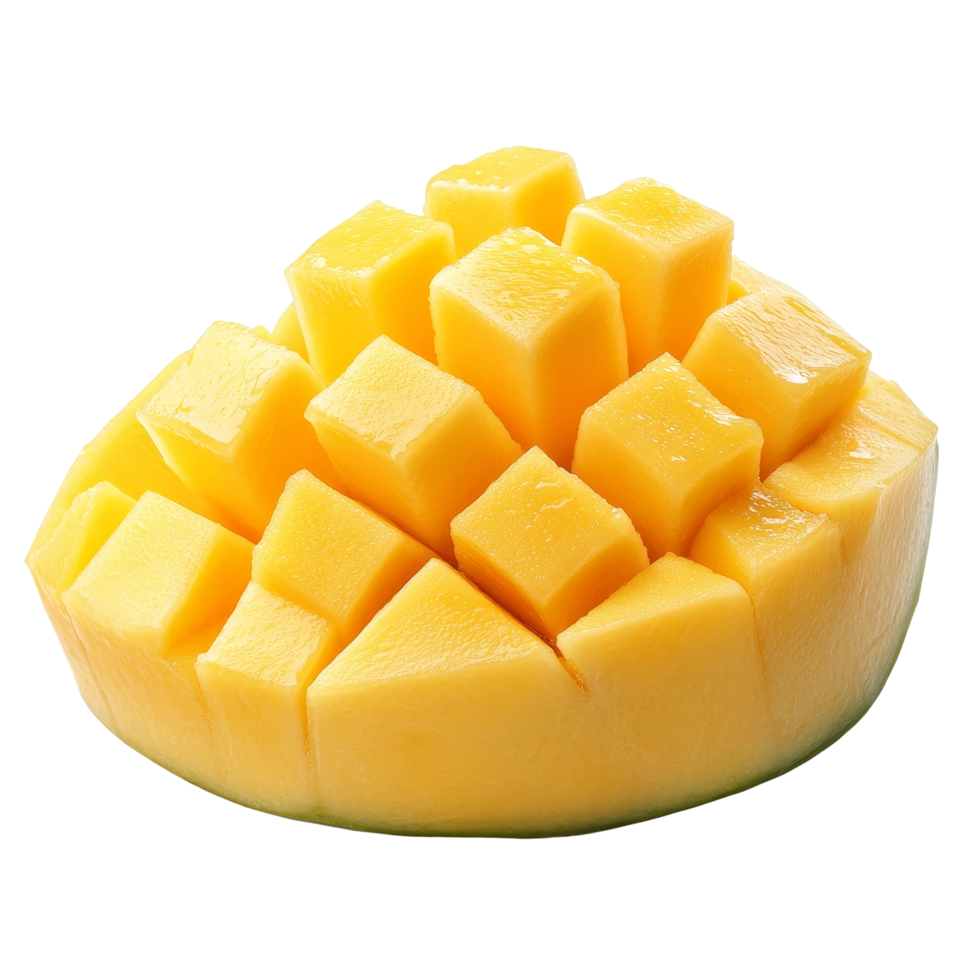 Fresh mango slice cut into cubes, showcasing vibrant yellow color and juicy texture on a transparent background, Mango slice cut to cubes isolated on transparent background png