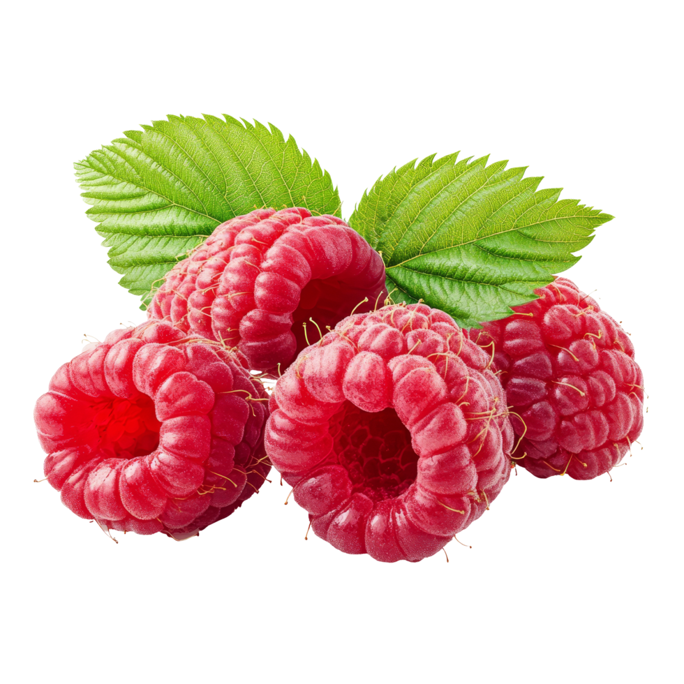 Fresh ripe raspberries with vibrant green leaves isolated on a transparent background for culinary use and presentation, ripe raspberries with green leaf isolated on transparent background png