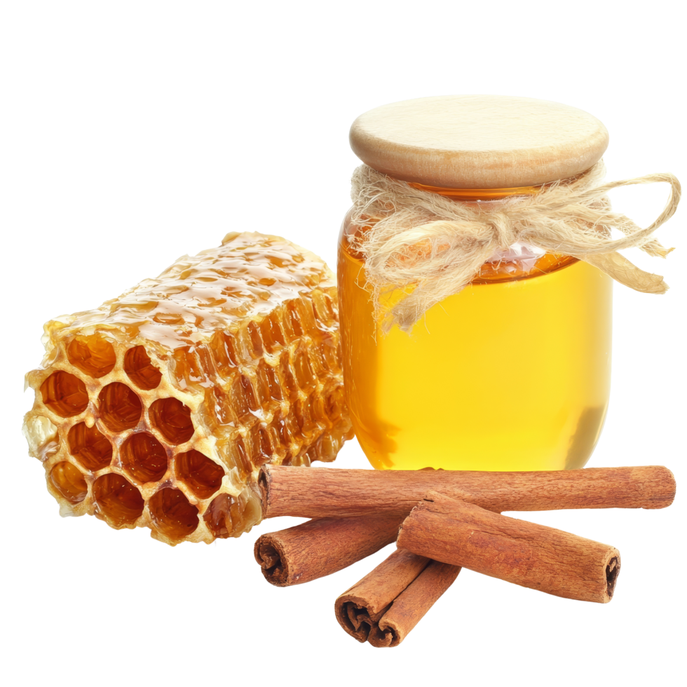 Fresh honey jar with honeycomb and cinnamon sticks on a transparent background, Fresh honey with cinnamon on a transparent background png