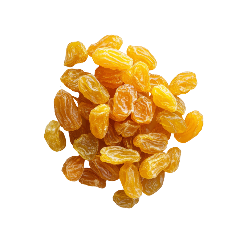 Golden yellow raisins isolated on clear background, showcasing their vibrant color and unique wrinkled texture, Yellow golden raisins isolated on alpha layer png