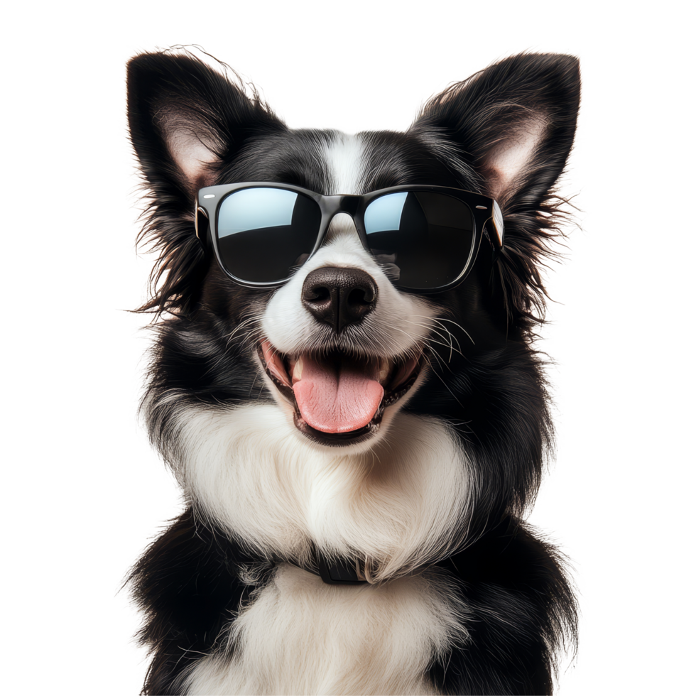 A cool black and transparent dog wearing sunglasses smiles at the camera with a transparent background, perfect for any lighthearted moment, Cool dog wearing sunglasses funny, transparent background png