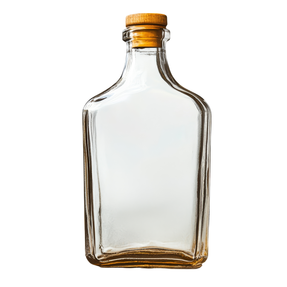 An empty glass bottle with a wooden cork isolated on a plain transparent background showcasing simplicity and elegance, Empty bottle isolated on transparent backgroundfile png