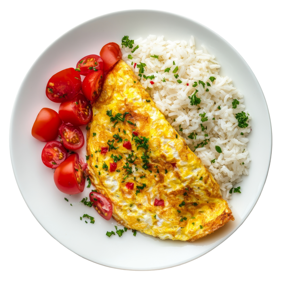 A delicious homemade omelet served with fluffy rice and fresh tomatoes on a transparent plate, omelet with rice on transparent background png