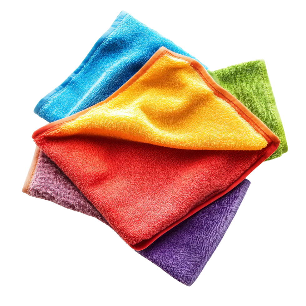 Colorful microfiber cloths for cleaning and organizing on a transparent background, colorful microfiber cloths isolated on transparent background png