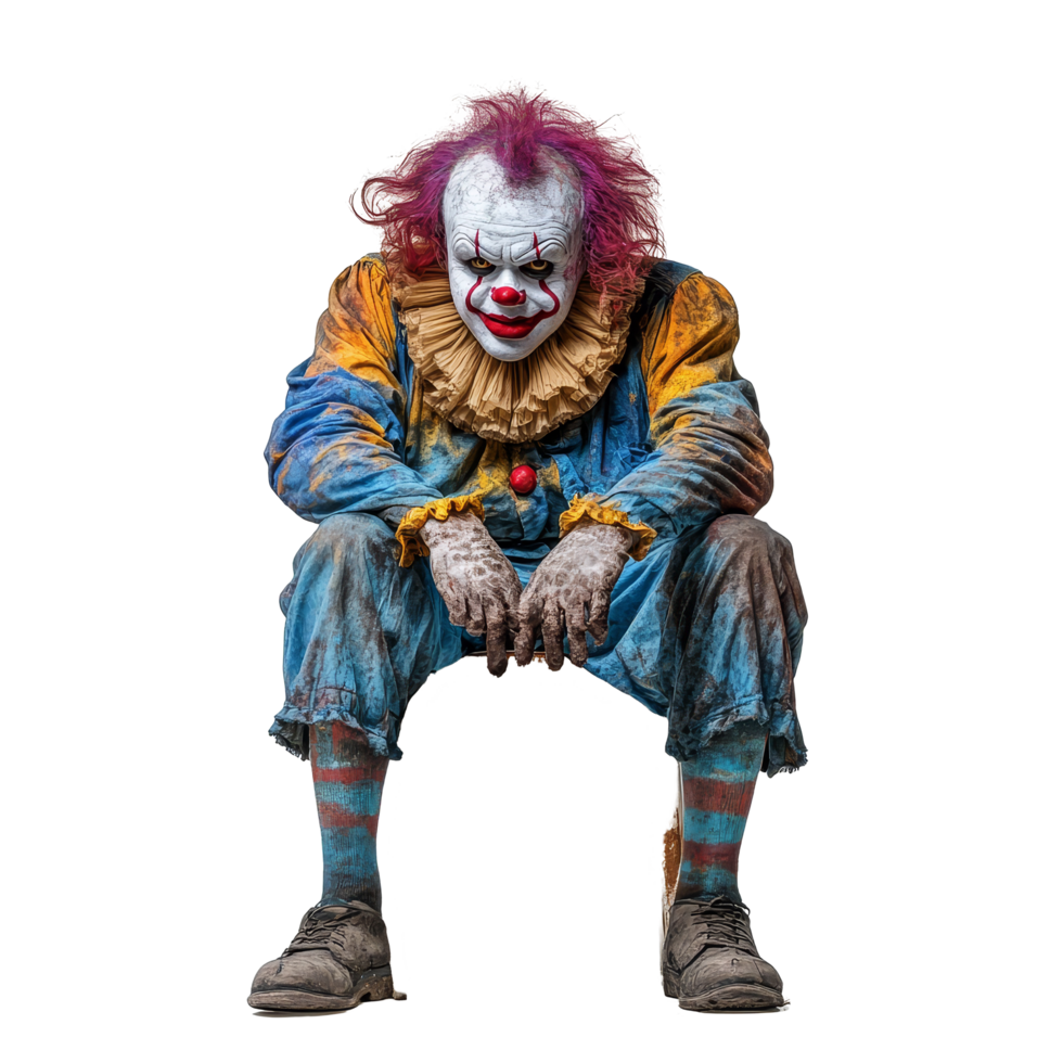 A scary clown in tattered clothing sits alone on a chair against a stark transparent background, evoking eerie feelings, Scary clown sitting on a chair isolated on transparent background png