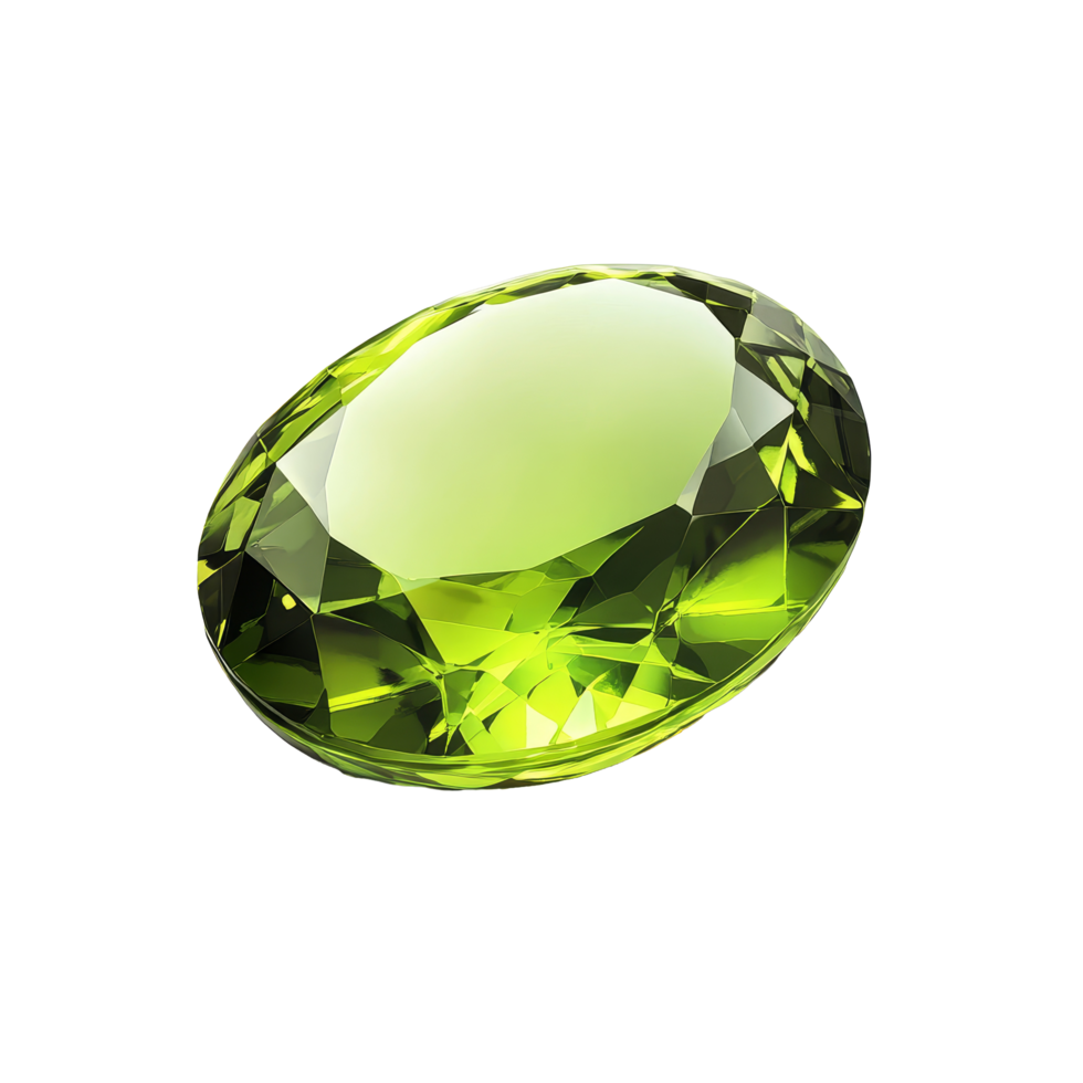 Oval cut peridot green gemstone isolated on a transparent background showcasing its vibrant color and brilliance, peridot green gem stone oval shape isolated on transparent backgroud png