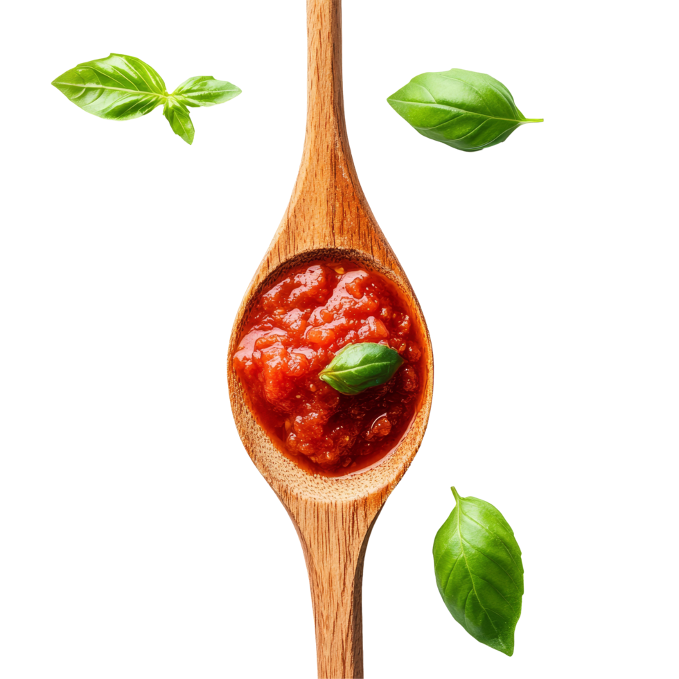 A wooden spoon holds rich tomato sauce garnished with fresh basil leaves on a transparent background, Wooden Spoon with Tomato Sauce and Basil on transparent background png
