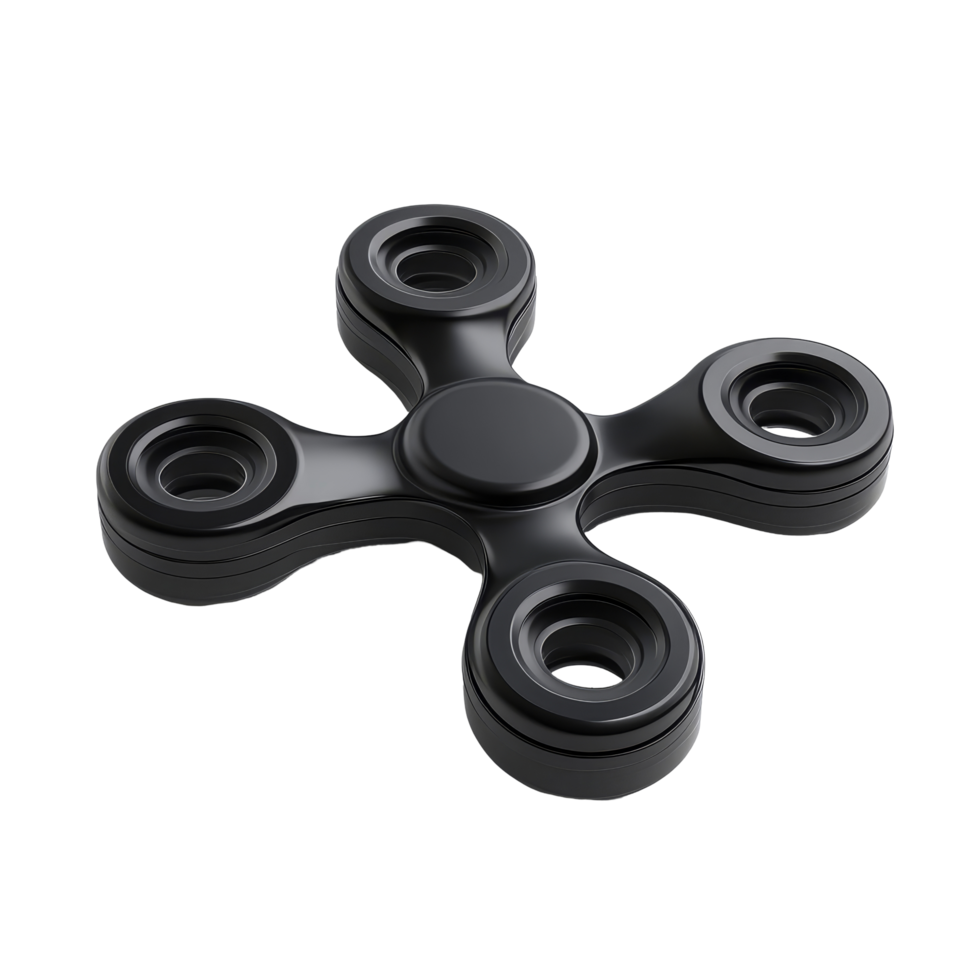 Black isometric fidget spinner render isolated on a transparent background showcasing its sleek design and functionality, Isometric black fidget spinner. 3D render, isolated on transparent background png