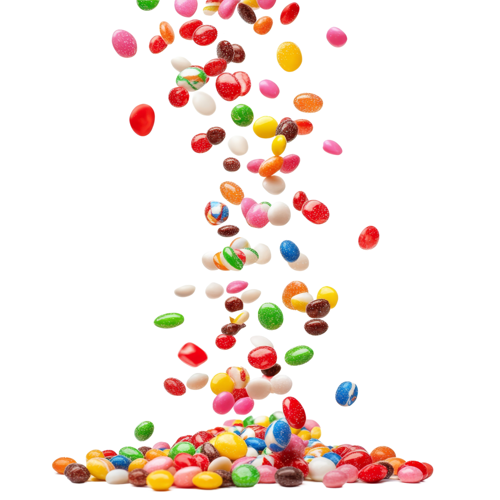 Colorful candies cascading down in a playful arrangement on a bright transparent background for festive occasions, falling candies isolated on transparent background png