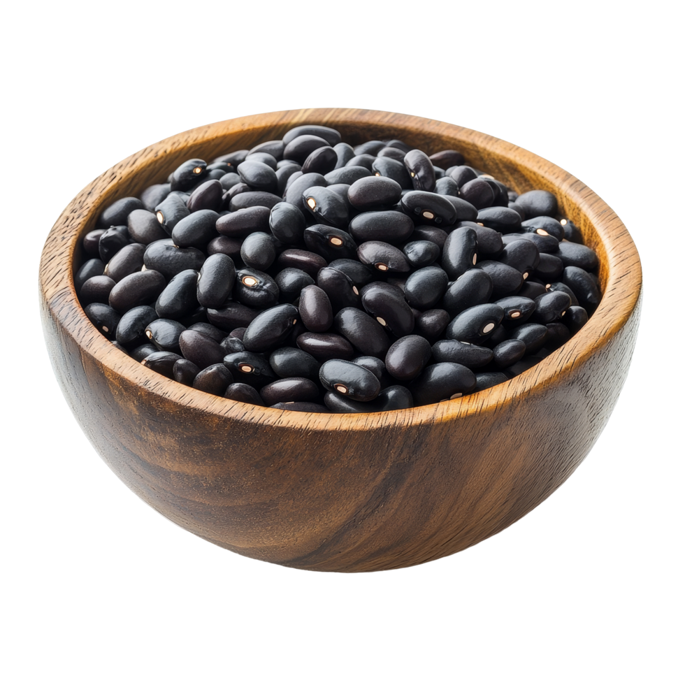 Fresh black beans in a rustic wooden bowl on a clean transparent surface, black beans in wood bowl isolated on transparent background png