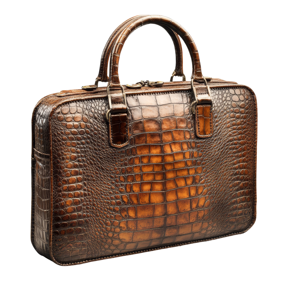 Elegant leather briefcase with crocodile skin pattern, perfect for business or travel, displayed on a simple background, leather briefcase with crocodile skin pattern,isolated transparent background png