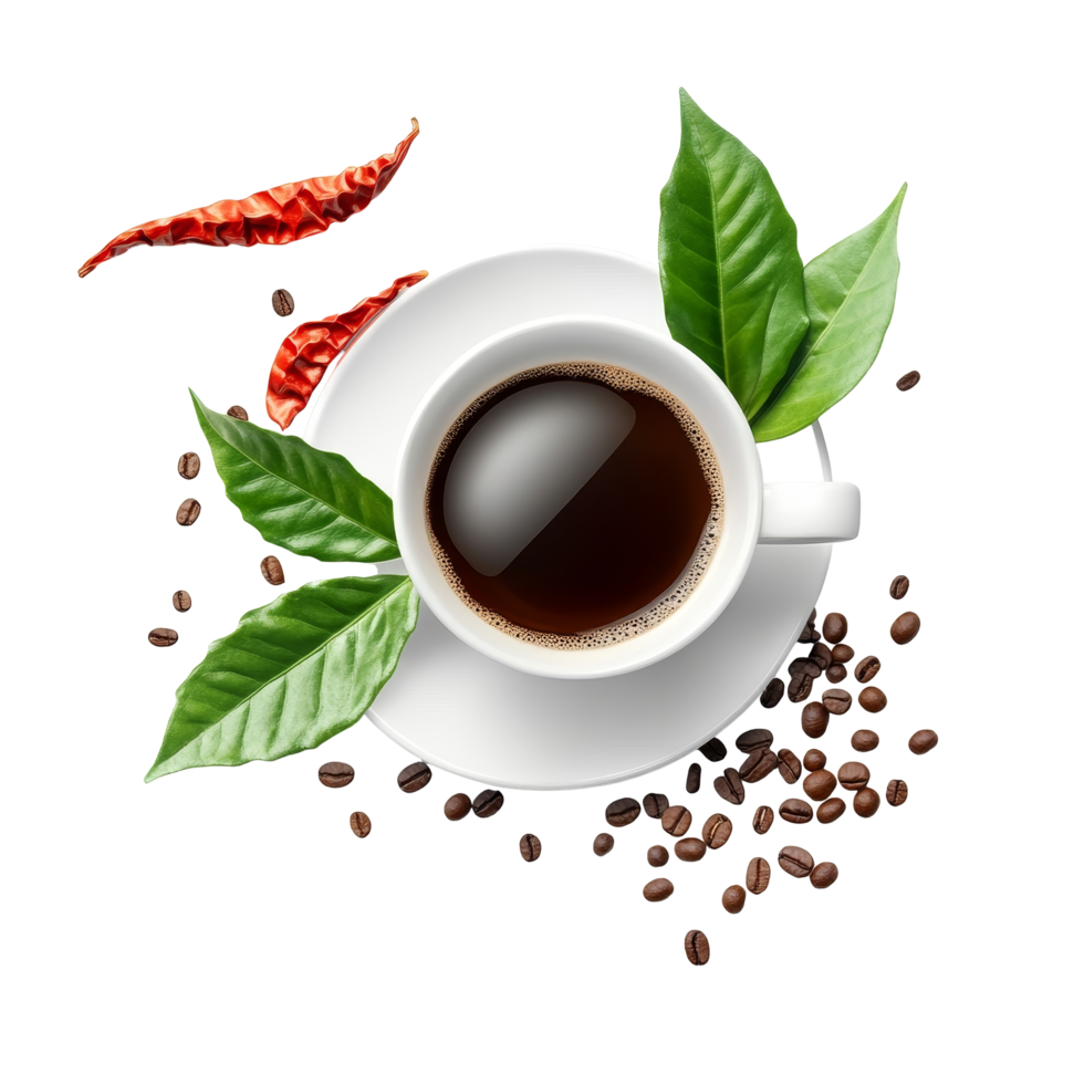 Enjoying instant coffee with coffee leaves and spices on a clean transparent surface for a refreshing experience, instant coffee leaves and pepper cup on transparent background png