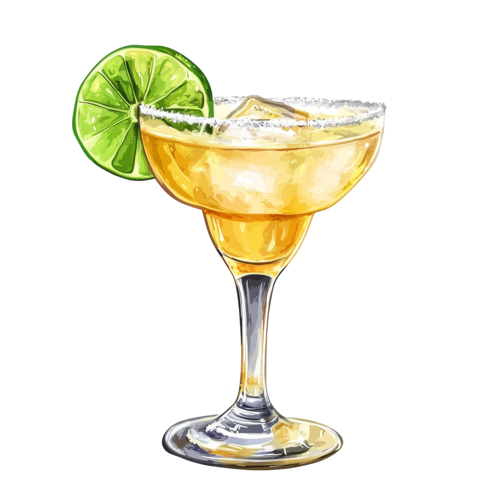 Delicious margarita cocktail with tequila served in a stylish glass, garnished with fresh lime on a transparent background, margarita cocktail drink tequila isolated on transparent background png