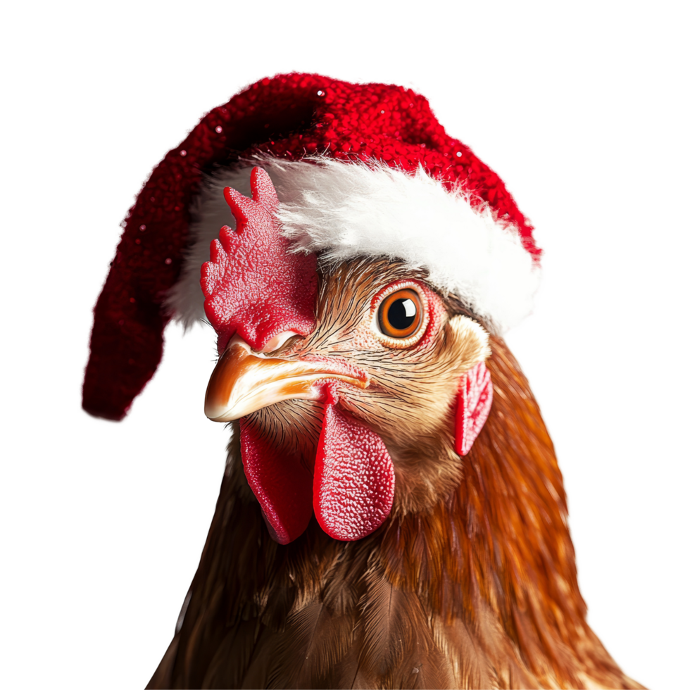 A festive chicken dons a Christmas hat for a cheerful holiday look against a bright transparent background, Chicken wearing a christmas hat on transparent background png