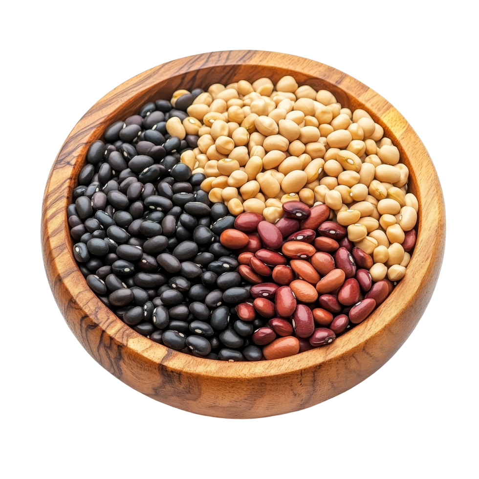 A wooden bowl filled with peanuts, black beans, and mung beans in a colorful display of legumes on a light background, peanuts, black beans, mung beans, in wood bowl isolated on transparent background png