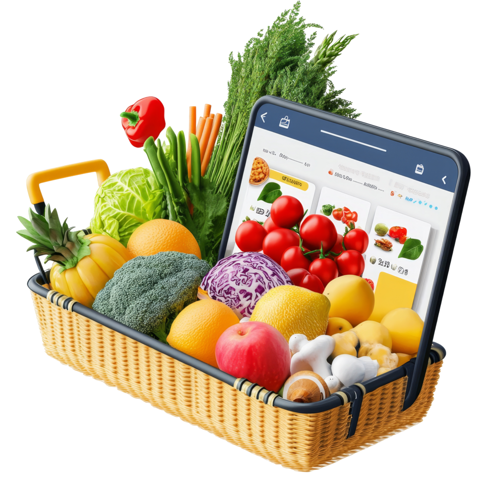 A digital grocery shopping experience with a basket filled with fresh produce and a tablet displaying items, file no background Online grocery shopping and food delivery app png