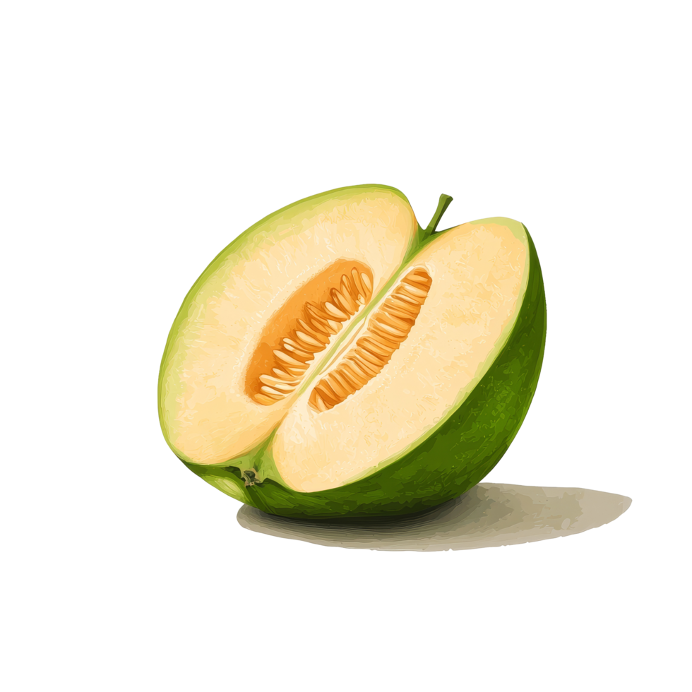 Vivid apple melon sliced in half showcasing its juicy interior against a clean transparent backdrop, apple melon on transparent background png