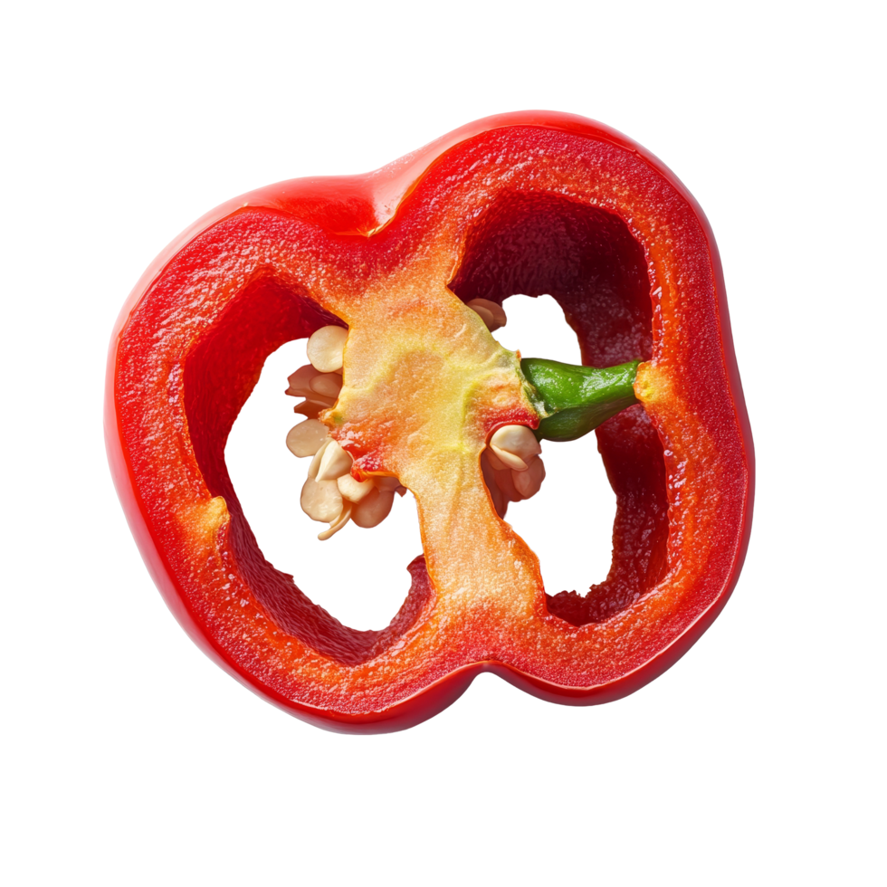 Freshly sliced red bell pepper on a clean transparent background showcasing its vibrant color and unique internal structure, Red bell pepper slice isolated on transparent background png
