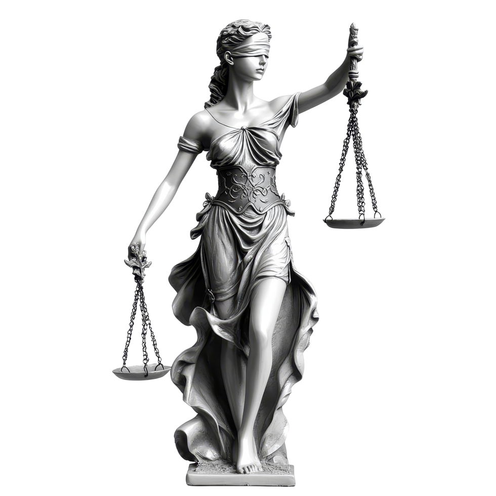 Lady Justice statue holding scales against a transparent background representing fairness and impartiality, Lady Justice on transparent background png