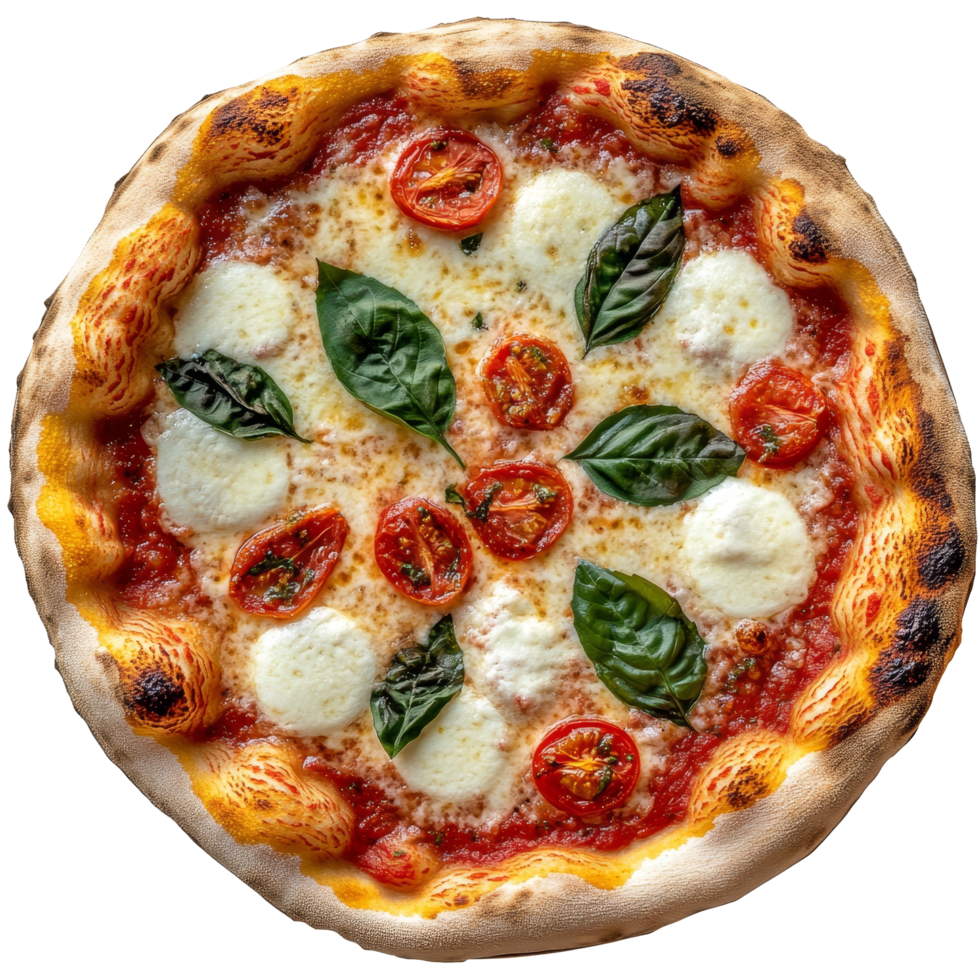 Delicious margherita pizza topped with fresh tomatoes and mozzarella cheese on a transparent background, Isolated margherita pizza with tomato and cheese png