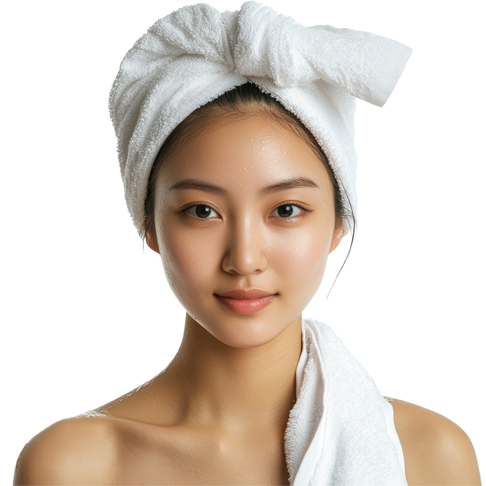 An Asian woman with a towel on her head relaxing at home after a refreshing bath, Asian Woman with Towel Wrapped Around Head Isolated on transparent background png