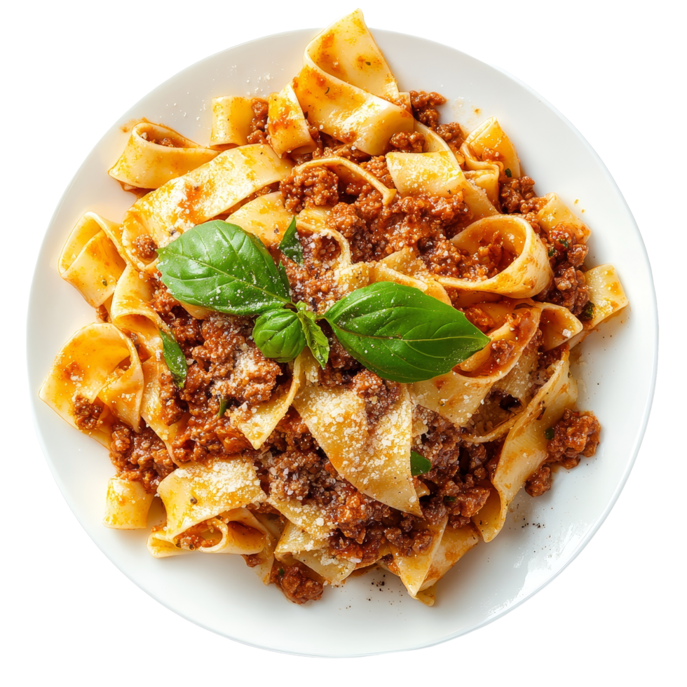 A plate of delicious pasta bolognese served on a transparent background, showcasing rich flavors and texture, Delicious pasta bolognese on transparent background png