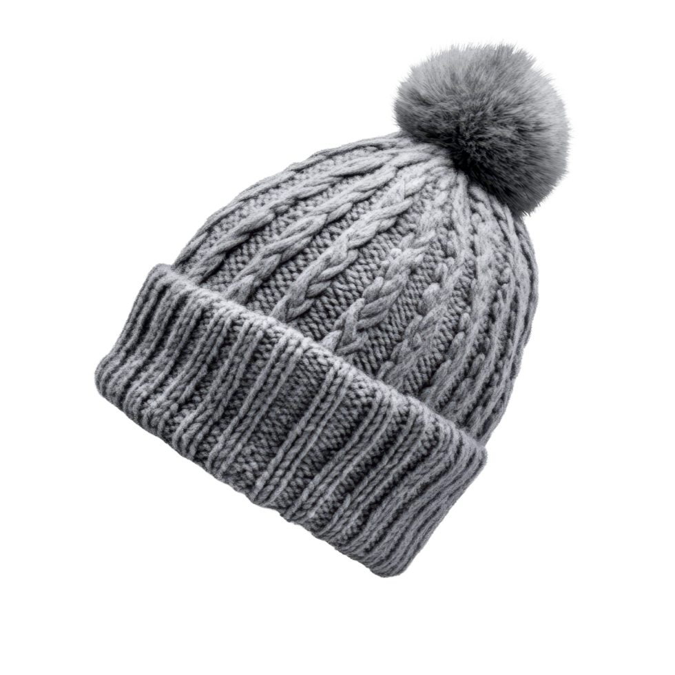 Cozy gray knitted winter hat with a pompom for warmth and style during cold months, gray warm winter hat with pompom, file of isolated object with shadow on transparent background png