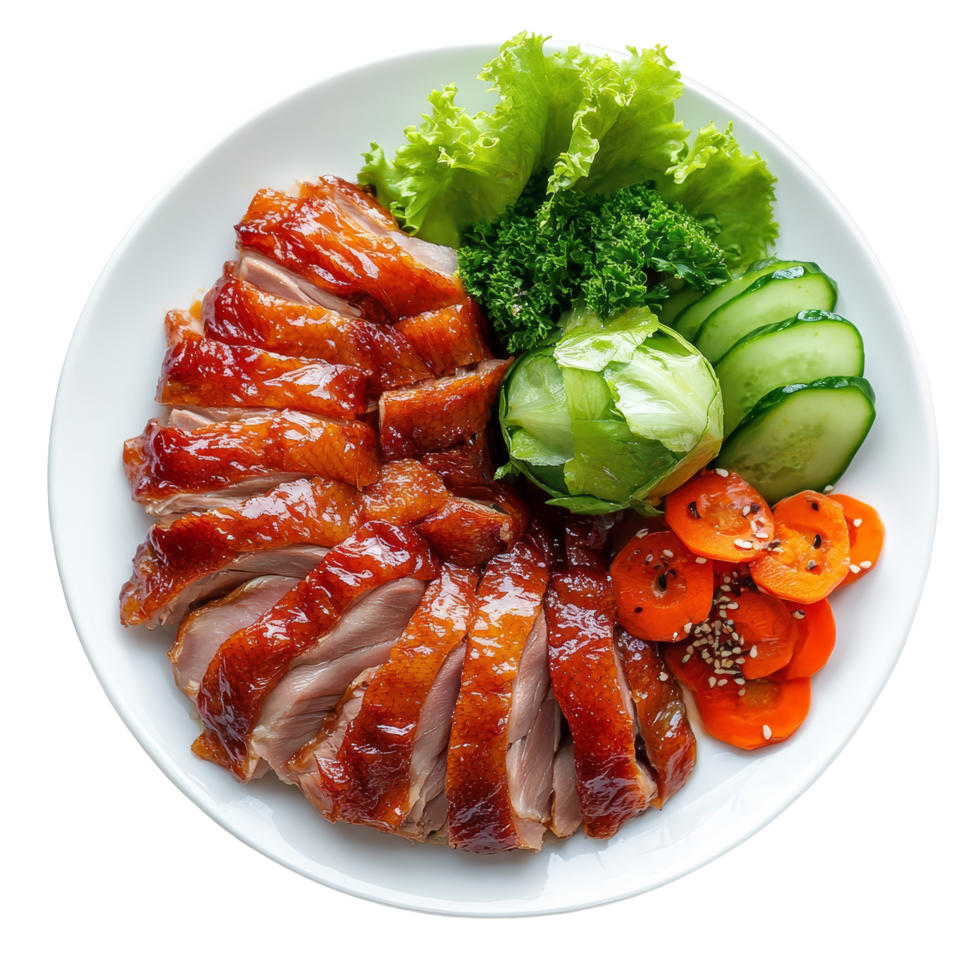 Delicious peking duck elegantly plated with fresh vegetables and greens for a satisfying meal, top view delicious peking duck food plate on a transparent background png