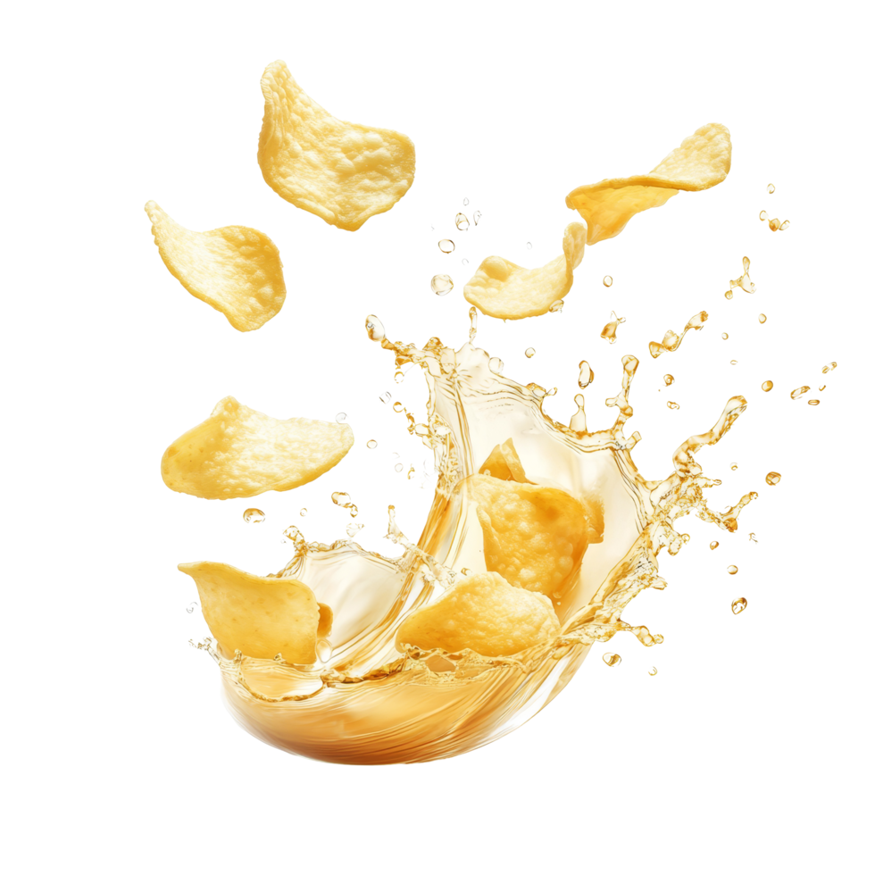 Splashing potato chips creating a crunchy sensation in a whirl of golden droplets, Splashing potato chips isolated png